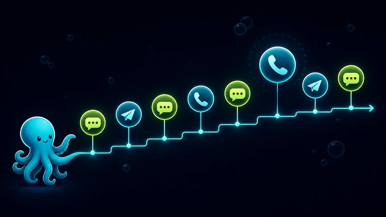 Eight-touch follow-up ladder showing SMS, email, and call touches spread across day zero to day fourteen