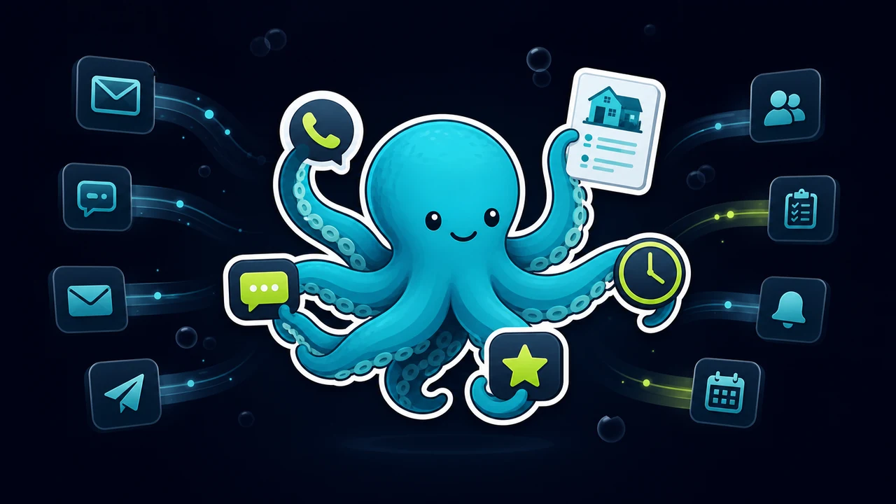 Tentaclick mascot sorting calls, quotes, reminders, and review cards into a follow-up cadence