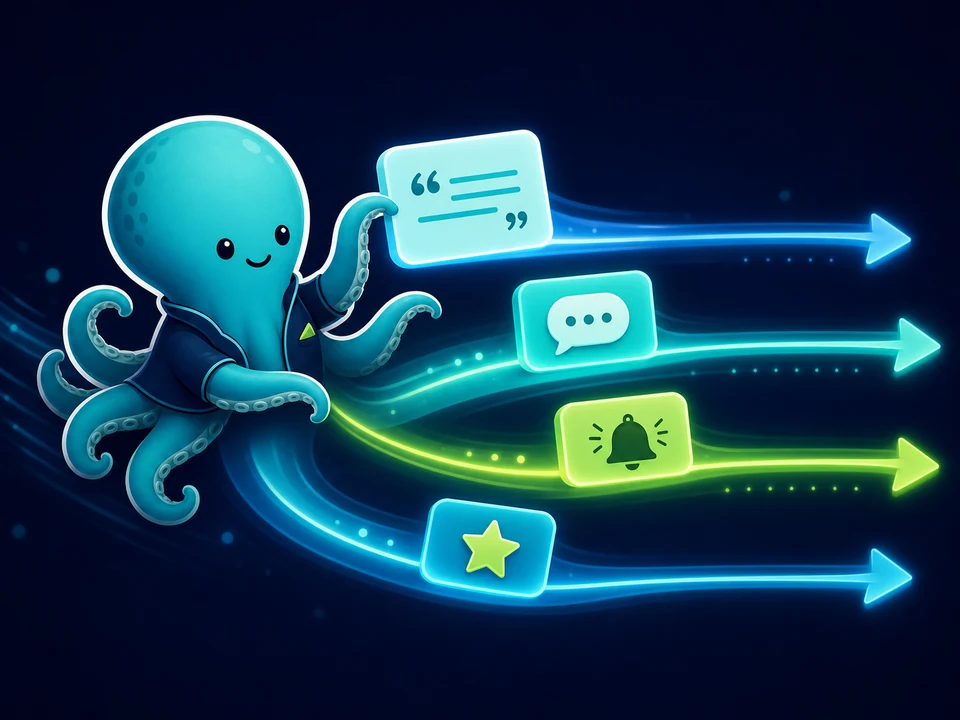 Tentaclick mascot calmly moving phone bubbles, quote cards, and review stars into neat cadence lanes