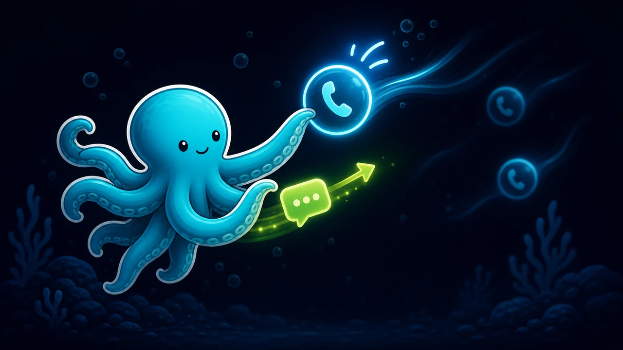 Tentaclick mascot catching a ringing phone bubble before it drifts away