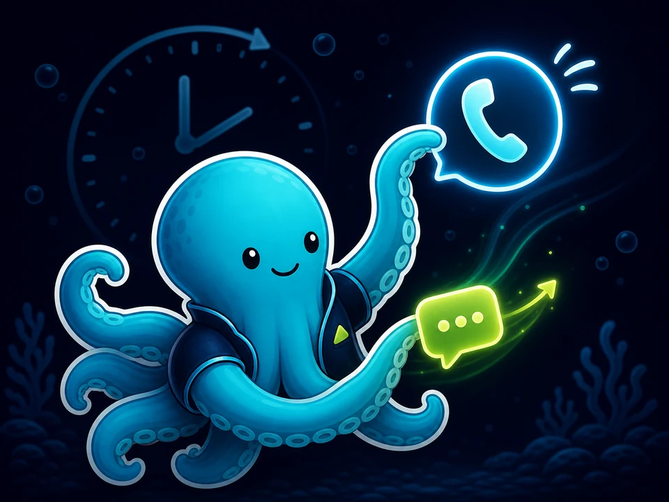 Tentaclick mascot catching a phone bubble with one tentacle while preparing a reply bubble with another