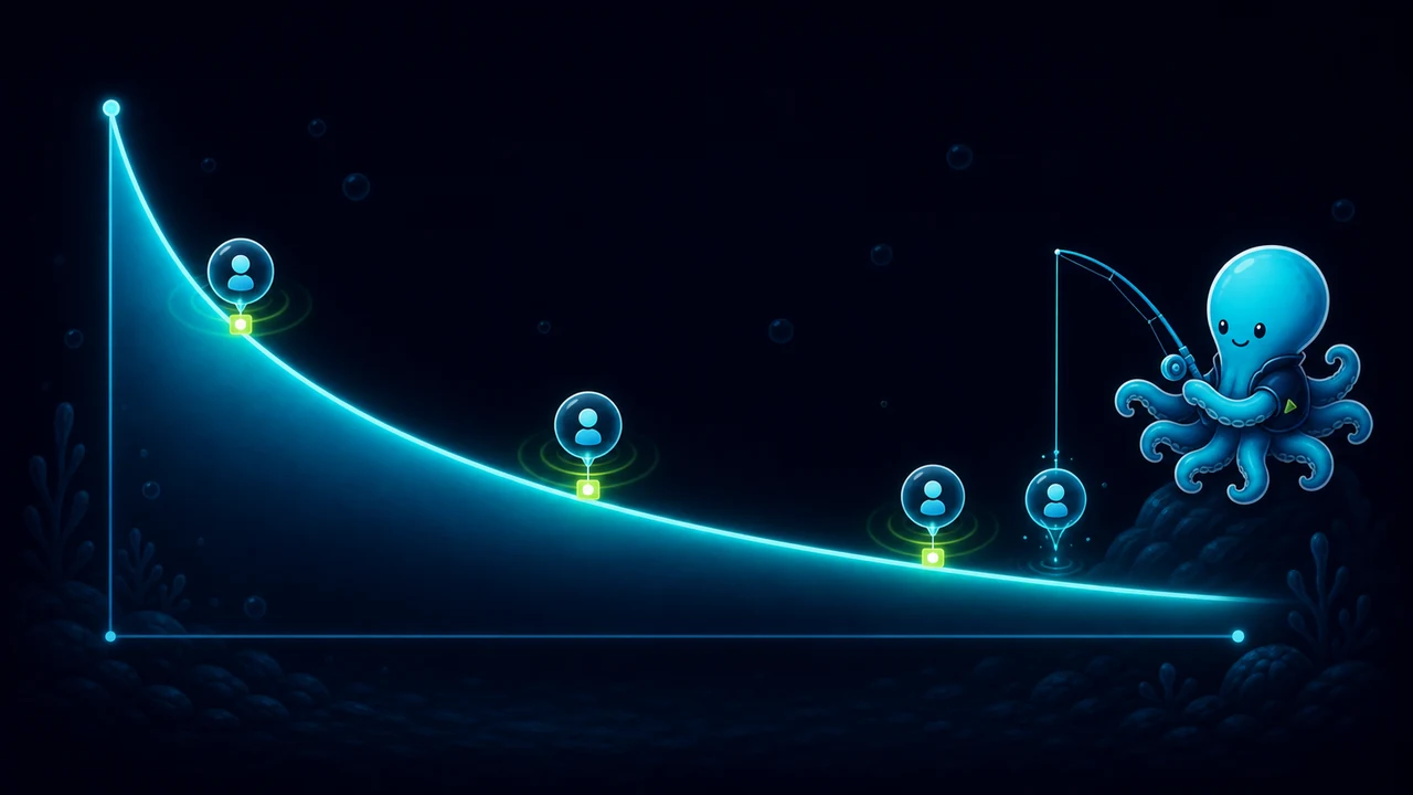 Decay curve showing reactivation probability across months since last contact, with three recovery touchpoint markers