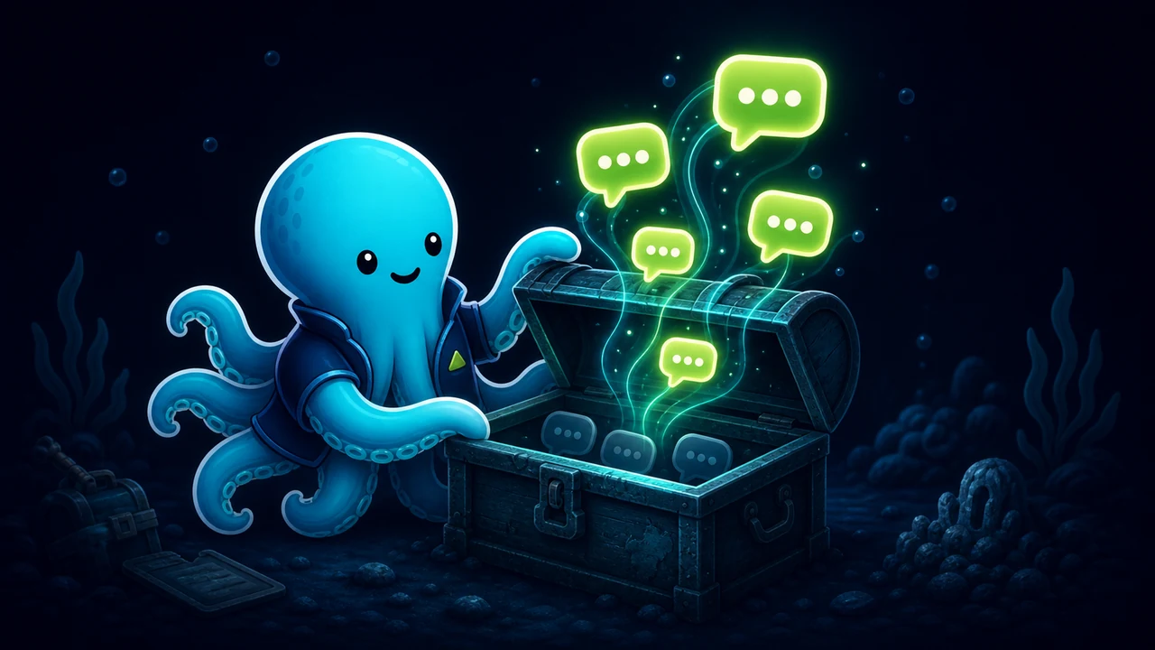 Tentaclick mascot opening an old quote chest underwater and finding fresh reply bubbles glowing inside