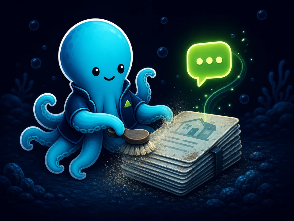Tentaclick mascot dusting off old quote cards while fresh reply bubbles rise from a cleaned card