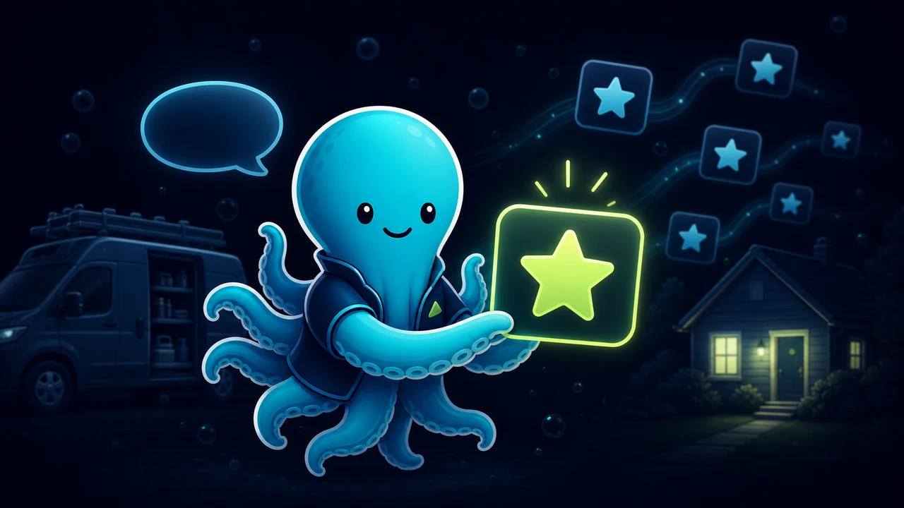 Tentaclick mascot politely offering a glowing star card after a closed service job