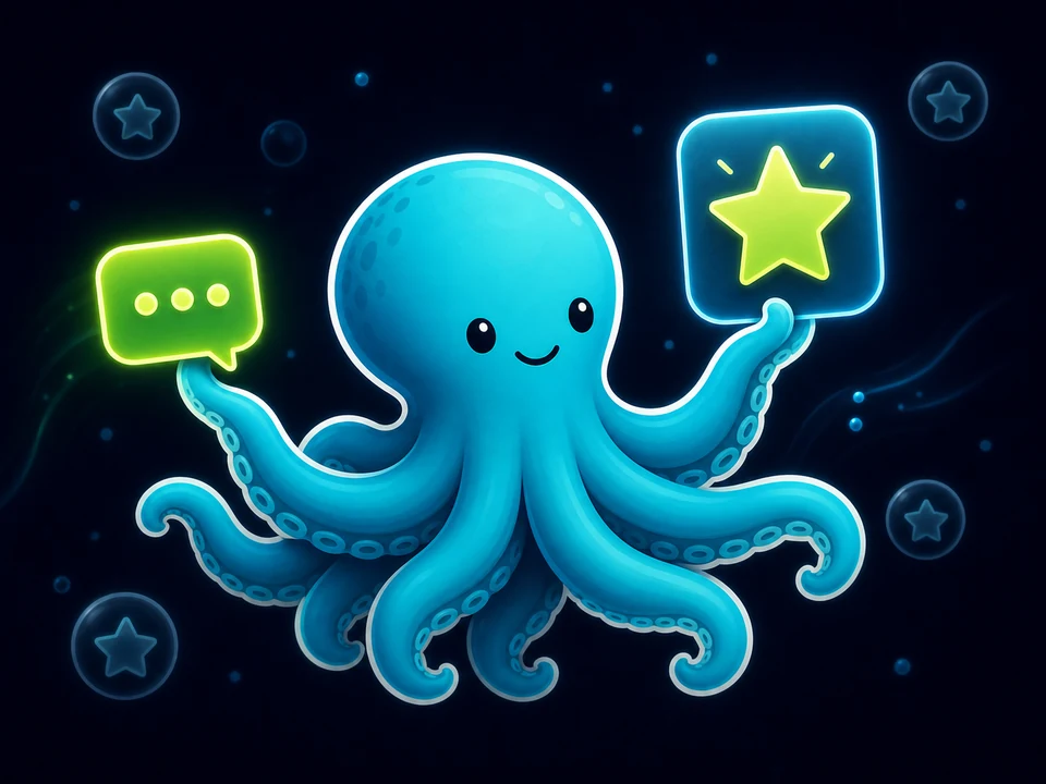 Tentaclick mascot holding a star card and a small feedback bubble after a closed job