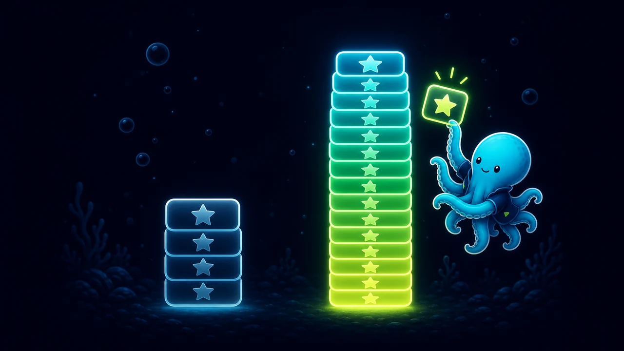 Two stacks of glowing review stars side by side, showing the gap between businesses with no ask routine and businesses with a working ask