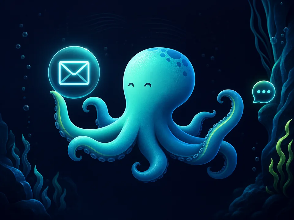 Tentaclick mascot presenting email and chat contact options
