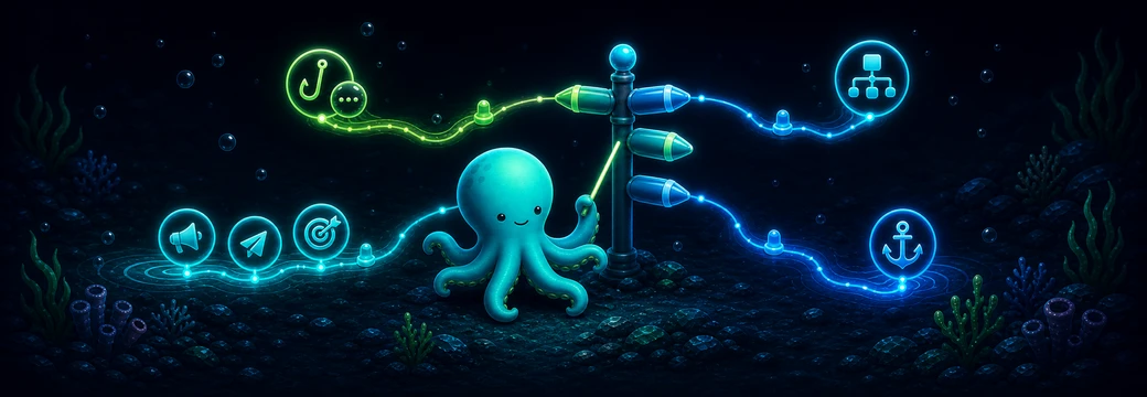 Tentaclick mascot choosing between focused fix, core system, growth, and wait routes