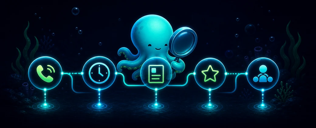 Tentaclick mascot inspecting five service-business handoff lanes