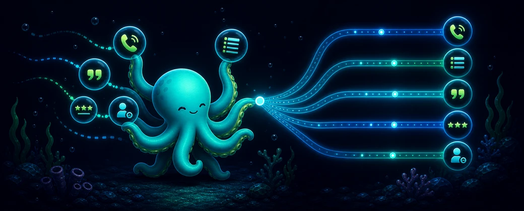 Tentaclick mascot catching enquiry and follow-up bubbles before they drift away