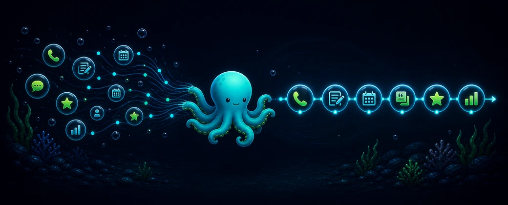 Tentaclick mascot connecting scattered service-business tools into one operating route