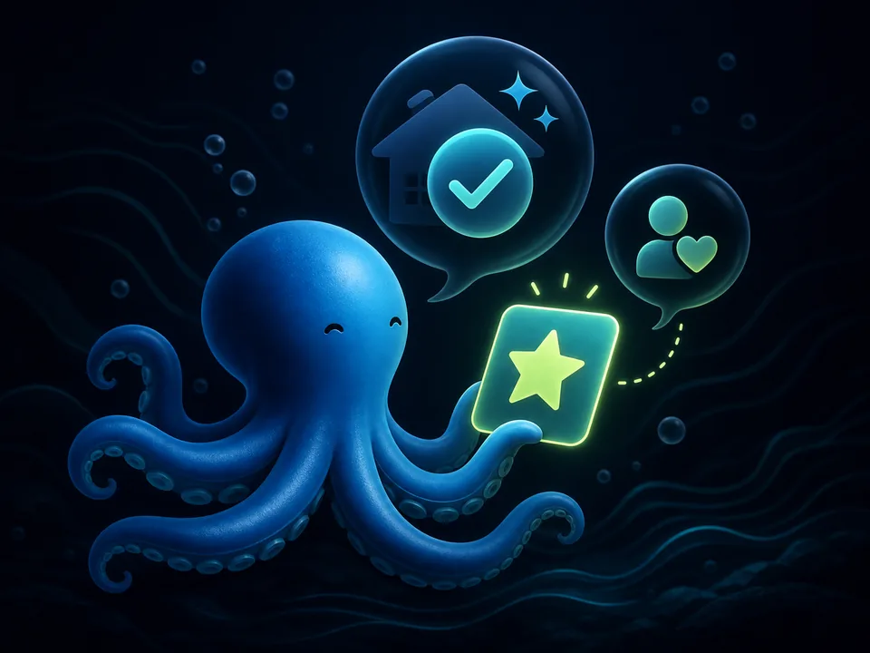 Tentaclick mascot offering a review star card